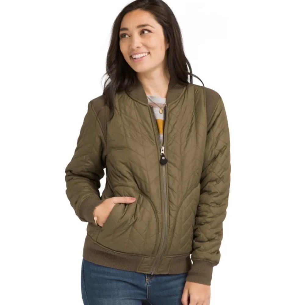 Prana Diva Varsity Bomber Jacket Sherpa Lined Olive Green Size Medium